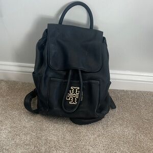 Tory Burch Black Pebbled Leather Drawstring Backpack with Gold Logo